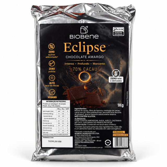 Eclipse - Chocolate Amargo 70% Cacau Zero Açúcar e Vegano Biobene